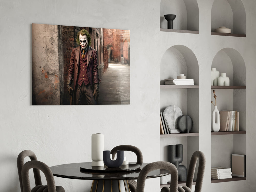 Joker glass print enhancing a den with comic-book firepower