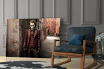 Clown-menace artwork anchoring a wall with maroon-and-brick palette