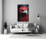 Red Eagle glass wall art styled above a console in a media room