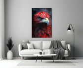 Red Eagle glass wall art styled above a console in a media room