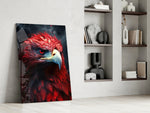 Fierce-raptor artwork anchoring a wall with scarlet-and-charcoal palette