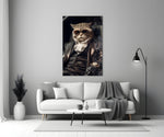 The Boss glass wall art styled above a console in a media room