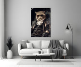 The Boss glass wall art styled above a console in a media room