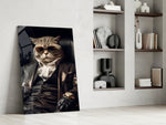 Feline-don artwork anchoring a wall with onyx-and-gold palette