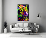 Neon Tiger glass wall art styled above a sideboard in a media room