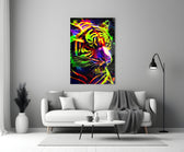 Neon Tiger glass wall art styled above a sideboard in a media room