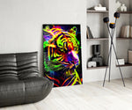 Neon Tiger glass print enhancing a den with neon firepower