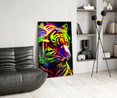 Neon Tiger glass print enhancing a den with neon firepower