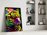 Electric-predator artwork anchoring a wall with rainbow-electric palette