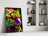 Electric-predator artwork anchoring a wall with rainbow-electric palette