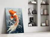 Graceful-swimmer artwork anchoring a wall with tangerine-and-indigo palette