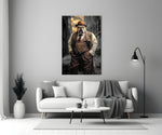 Bulldog in a Suit glass wall art styled above a console in a man cave
