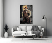 Bulldog in a Suit glass wall art styled above a console in a man cave