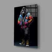 Gorilla Bro close-up showing tropical-print bomber and gold chain