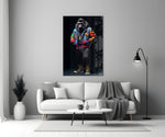 Gorilla Bro glass wall art styled above a sideboard in a media room