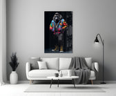 Gorilla Bro glass wall art styled above a sideboard in a media room
