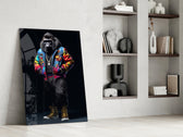 Hipster-ape artwork anchoring a wall with magenta-and-gold palette