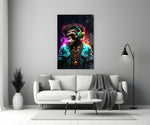 Feel the Music glass wall art styled above a sideboard in a music room