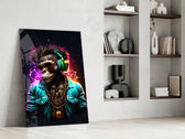 Streetwear-skull artwork anchoring a wall with magenta-and-teal palette