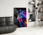 Zebra glass print enhancing a den with neon firepower