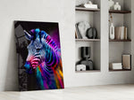 Electric-animal artwork anchoring a wall with rainbow-electric palette