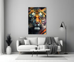 Face of the Tiger glass wall art styled above a console in a media room
