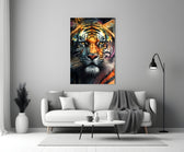 Face of the Tiger glass wall art styled above a console in a media room