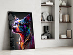 Hipster-canine artwork anchoring a wall with magenta-and-cyan palette