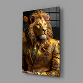 Lion Vogue close-up showing golden mane and gold-brocade jacket