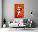 Bird Vogue glass wall art styled above a console in a powder room
