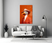 Bird Vogue glass wall art styled above a console in a powder room