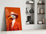 Dapper-seabird artwork anchoring a wall with tangerine-and-coral palette
