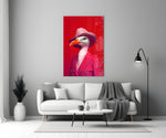 Bird Vogue glass wall art styled above a console in a powder room