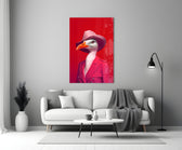 Bird Vogue glass wall art styled above a console in a powder room