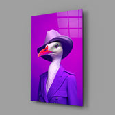 Bird Vogue close-up showing lilac fedora and violet trench