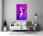 Bird Vogue glass wall art styled above a console in a powder room