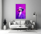 Bird Vogue glass wall art styled above a console in a powder room