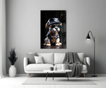 Puppy Vogue glass wall art styled above a sideboard in a media room