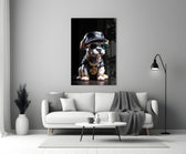 Puppy Vogue glass wall art styled above a sideboard in a media room