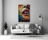 Lips and Flowers glass wall art styled above a console in a boutique