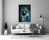 Animal Vogue glass wall art styled above a console in a man cave