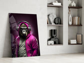 Hooded-ape artwork anchoring a wall with magenta-and-violet palette