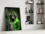 Hooded-ape artwork anchoring a wall with lime-and-emerald palette