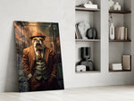 Dapper-canine artwork anchoring a wall with russet-and-ochre palette
