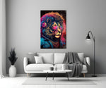 Charismatic glass wall art styled above a console in a media room