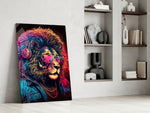 Hipster-lion artwork anchoring a wall with magenta-and-cyan palette
