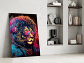 Hipster-lion artwork anchoring a wall with magenta-and-cyan palette