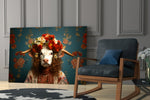 Flower-crowned artwork anchoring a wall with scarlet-and-teal palette