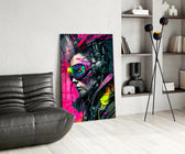 City Music glass print enhancing a den with cyberpunk firepower