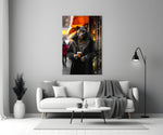 Java the Leopard glass wall art styled above a console in a study